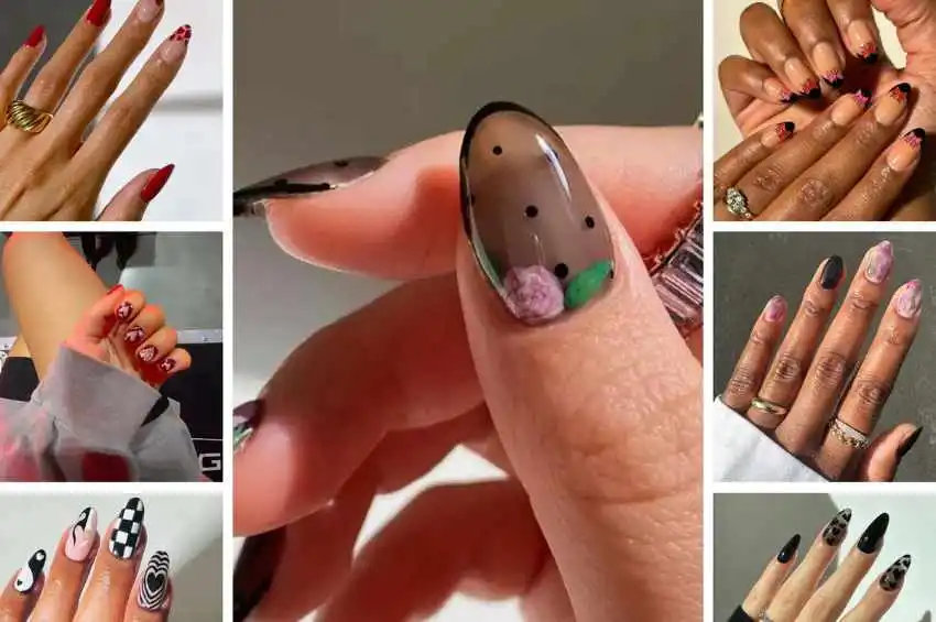 Collage showcasing a variety of valentine nails designs, from elegant red and gold to playful patterns.