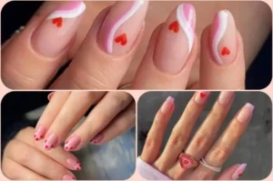 Collage of hands showcasing pink Valentine nails with heart designs.