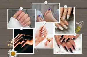 A collage showcasing a variety of nude nail ideas with different styles and designs on both hands and feet.